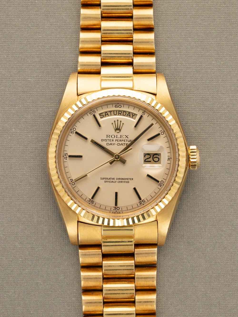 Rolex Day - Date Ref. 1803 – Non - Luminous Satin Champagne Dial (Unpolished) - The Arabian Watches